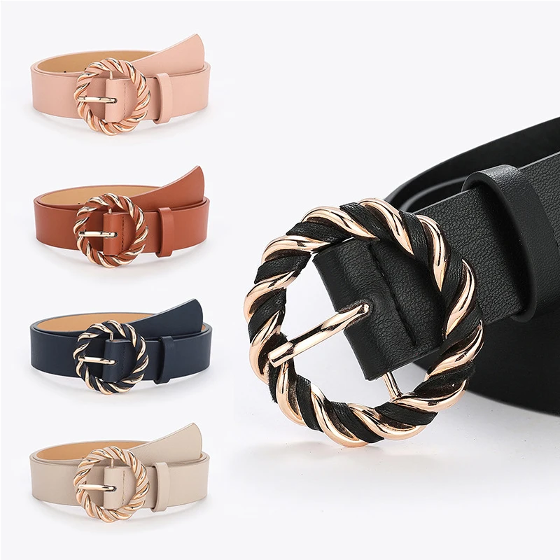 

3.3cm Wide Solid Color PU Waist Strap Simple All-match Fashion Jeans Dress Casual Waistband Retro Twist Pin Buckle Belt