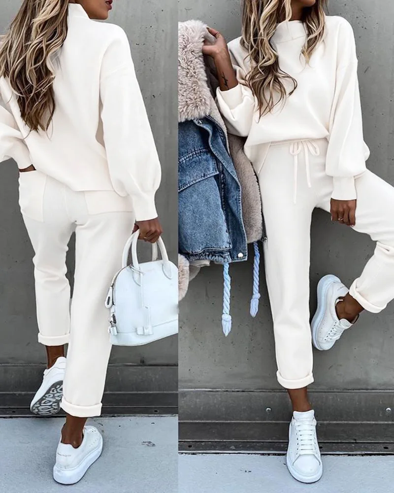 

2020 Turtleneck Long Sleeve Pocket Trousers Casual Two-Piece Set Autumn and Winter Sweater Women's