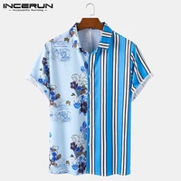 2021 men casual shirt printing striped patchwork streetwear lapel camisas short sleeve fashion mens hawaiian shirt s 5xl incerun