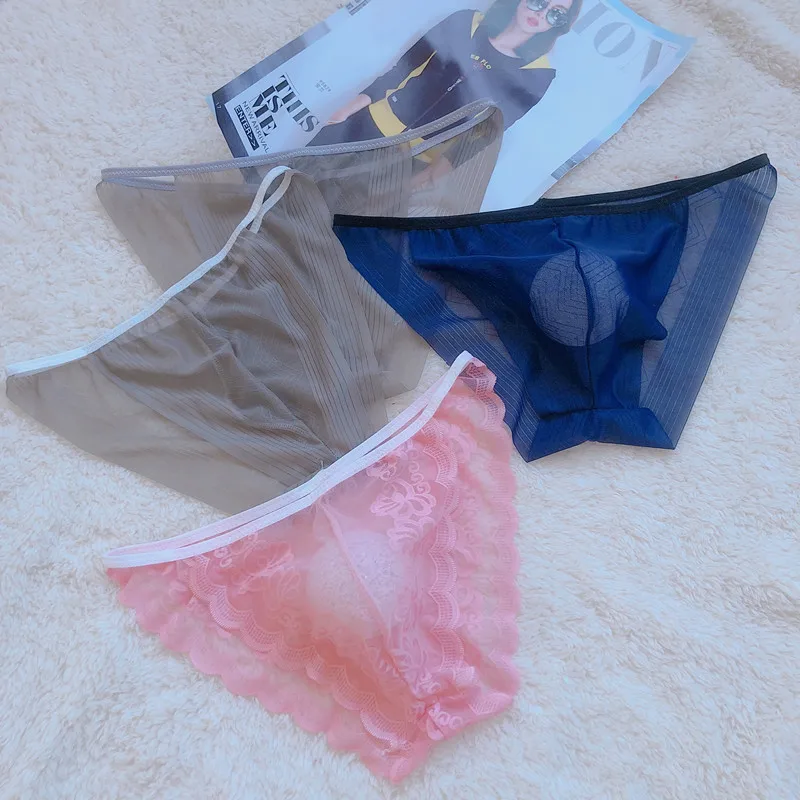Sexy Bare Sleeping Lace Transparent Temptation Adult plus Size Underwear Ice Silk Men's Briefs underwear men sexy  mens sexy