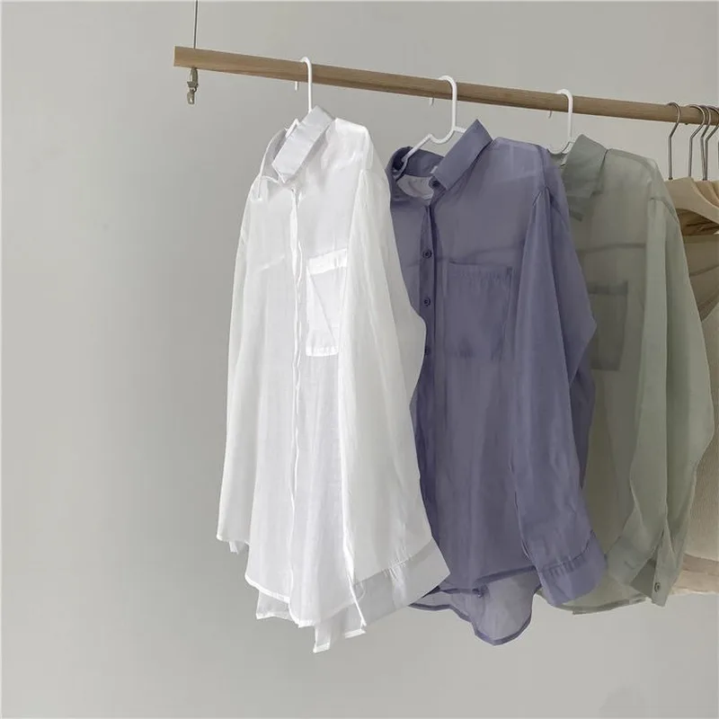 

Shirts Women S-3XL Basic Sun-proof Summer Ulzzang Purple Long Sleeve Femme Sheer Tops Elegant Soft Simple All-match Lady Clothes