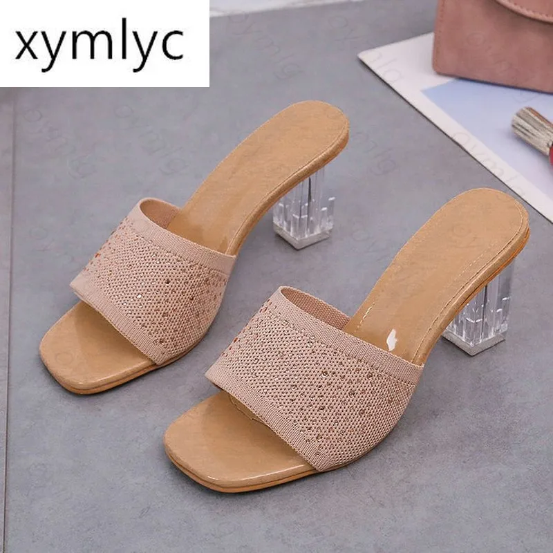 

New Breathable Air Mesh Ladies Shoes Summer Slippers Female Slides Mules Clear Transparent Thick High Heels Women Shoes Woman