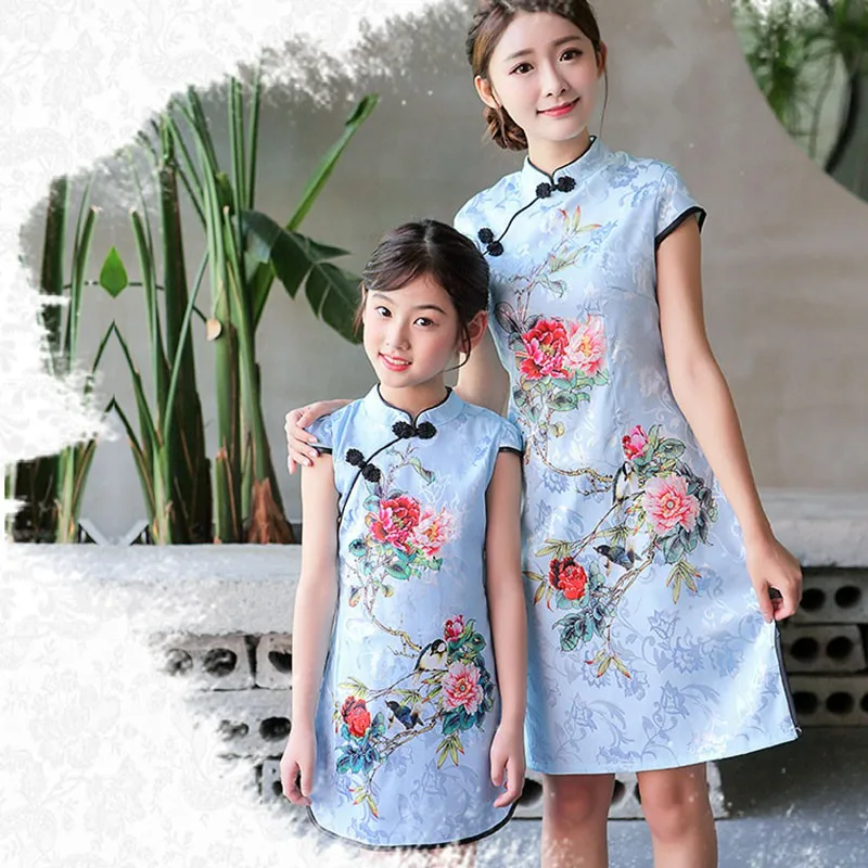 Cheongsam Dress For Mom and Daughter Pink Red Blue Chinese traditional vestido cheongsam qipao | Мать и ребенок