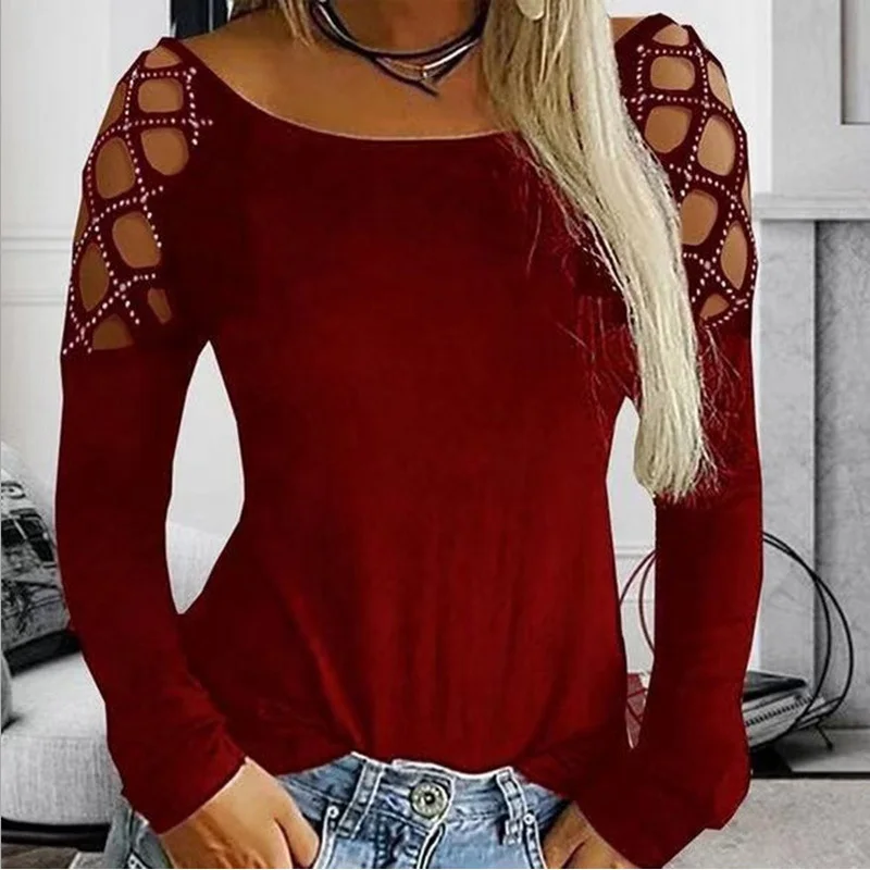 hot Women Tops Sexy shoulder Hollow out Long Sleeve Round Neck Plus Size ladies shirts solid | Женская одежда