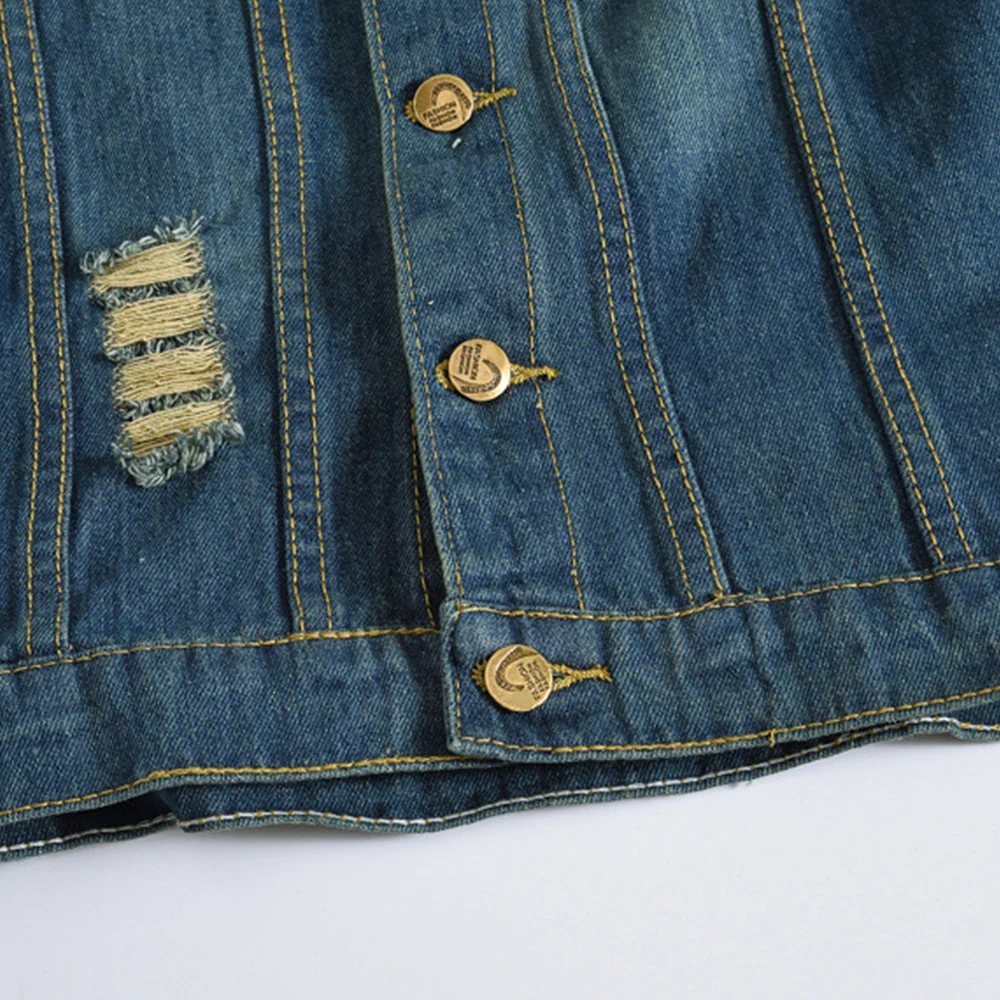 Мужской рваный джинсовый жилет винтажный с дырками темно-синее однобортное