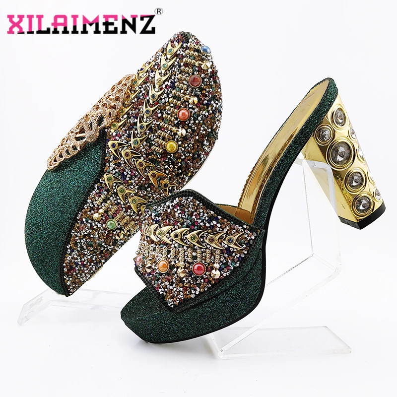 

2020 Christamas New Arrials African Ladies Shoes and Bag to Match in Dark Green with Shinning Crystal High Quality for Party