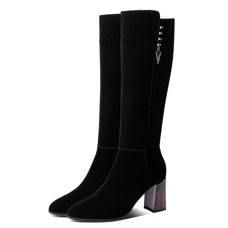 Женские сапоги до колена на Высоком толстом каблуке из натуральной замши женские