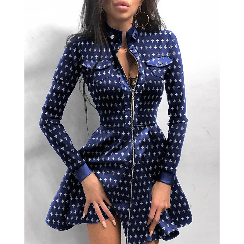 

Women Lace Patchwork Print Vintage Long Sleeve Stand Collar Dress 2020 Autumn Elegant Plaid Ladies Casual Zipper Party Dresses