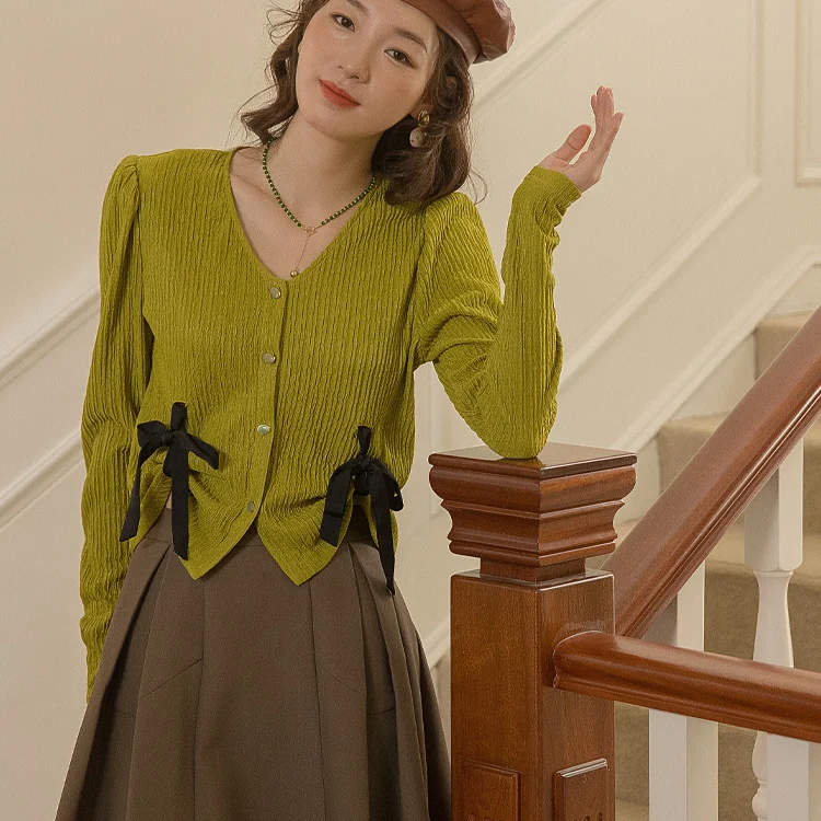 

Chic Bow Blouse Women French Vintage Elegant Short Women's Shirt 2021 Full V-neck Tops Female