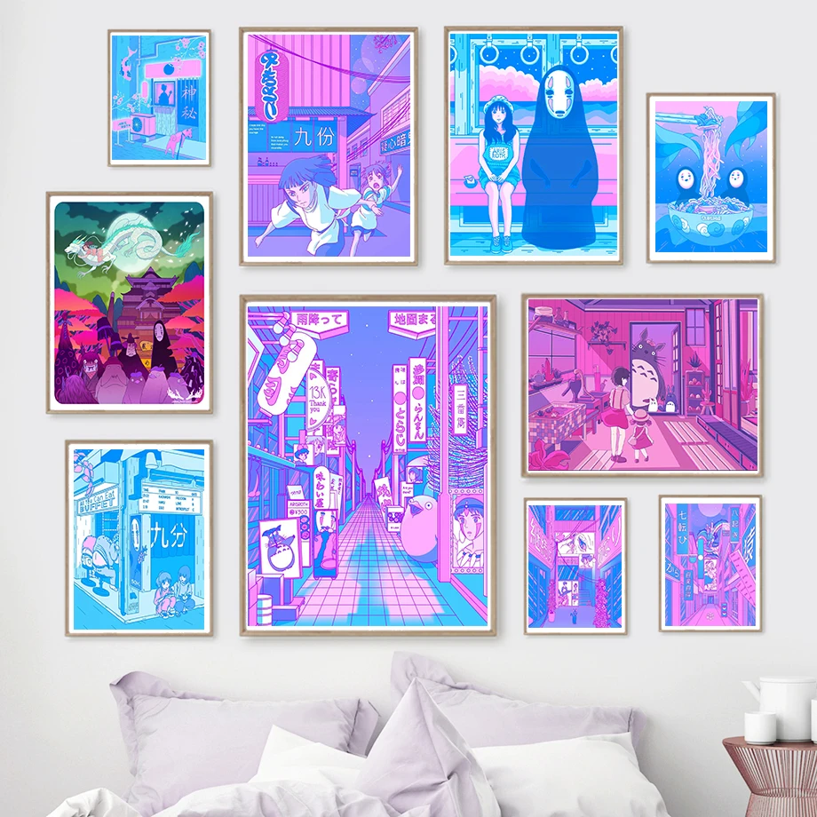 Постер в стиле вейпорвейв 80-х Аниме Миядзаки Хаяо неоновая картина с