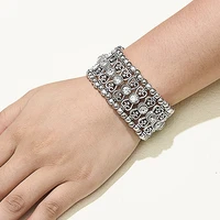 bohemian ethnic silver color bracelets bangles for women vintage hollow rhinestone resin carved beaded elastic bracelets jewelry