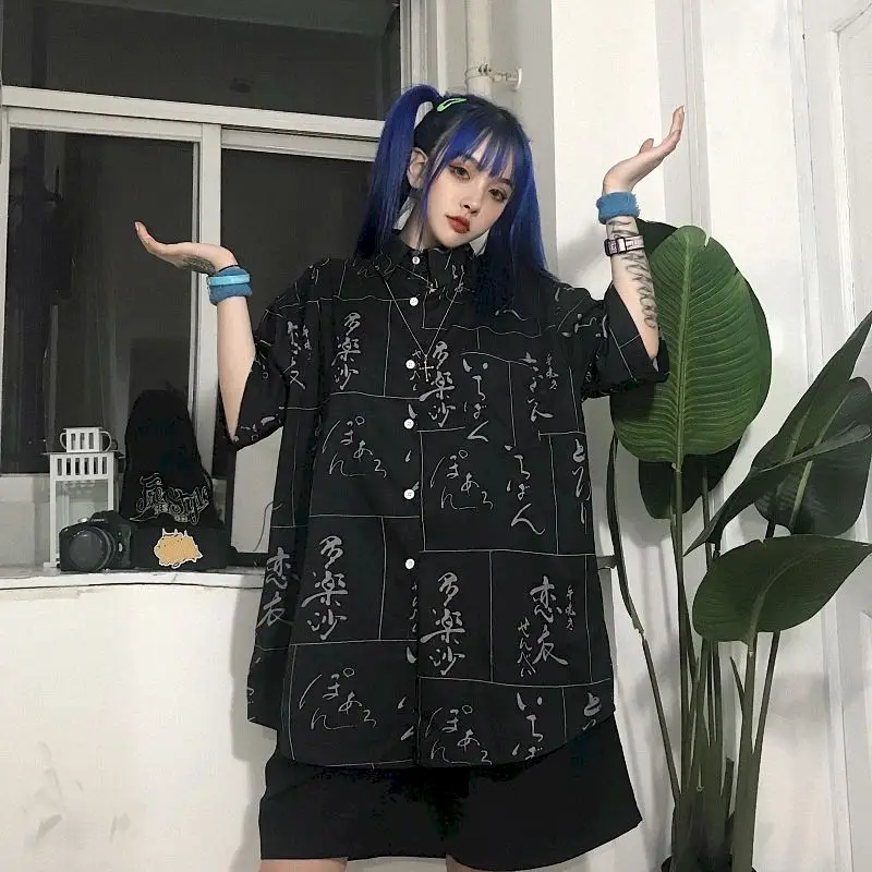 NiceMix китайский иероглиф рубашки блузки для женщин в готическом стиле черного