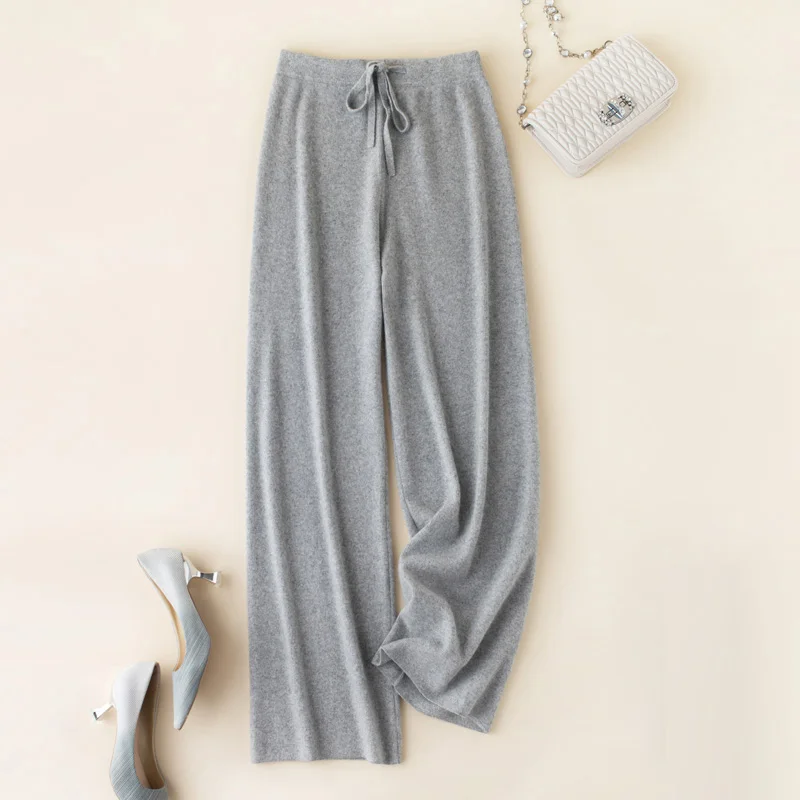 

women's mink cashmere knitting pants comfortable soft warm high elastic wool trousers wide leg pants