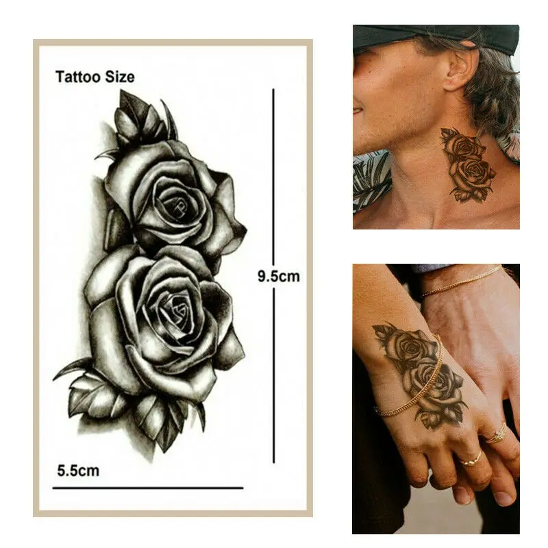 Temporary Tattoo Sticker Fashion Waterproof Black Double Rose Flowers Tattoos Fake Body Art Water Transfer | Красота и здоровье