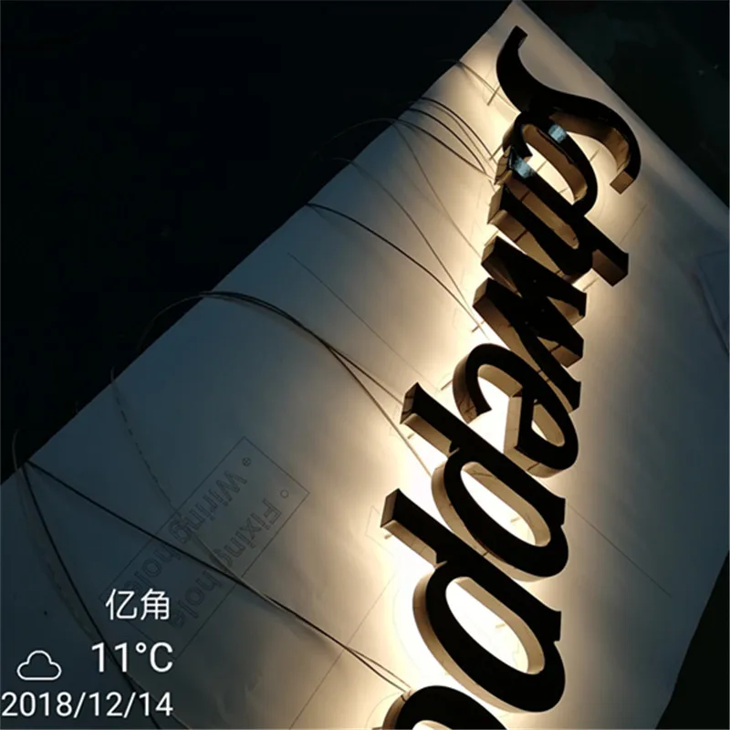 3D рекламный задний светящийся знак из нержавеющей стали гало светодиодные буквы