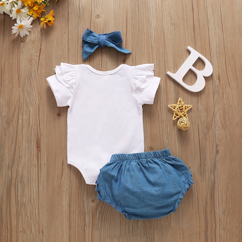 

2021 New Summer 0-24M Baby Girl 3Pcs Set ENJOY THE LITTLE THINGS Flower Short Sleeve Letter Print Bodysuit+Ruffled Shorts+Bow