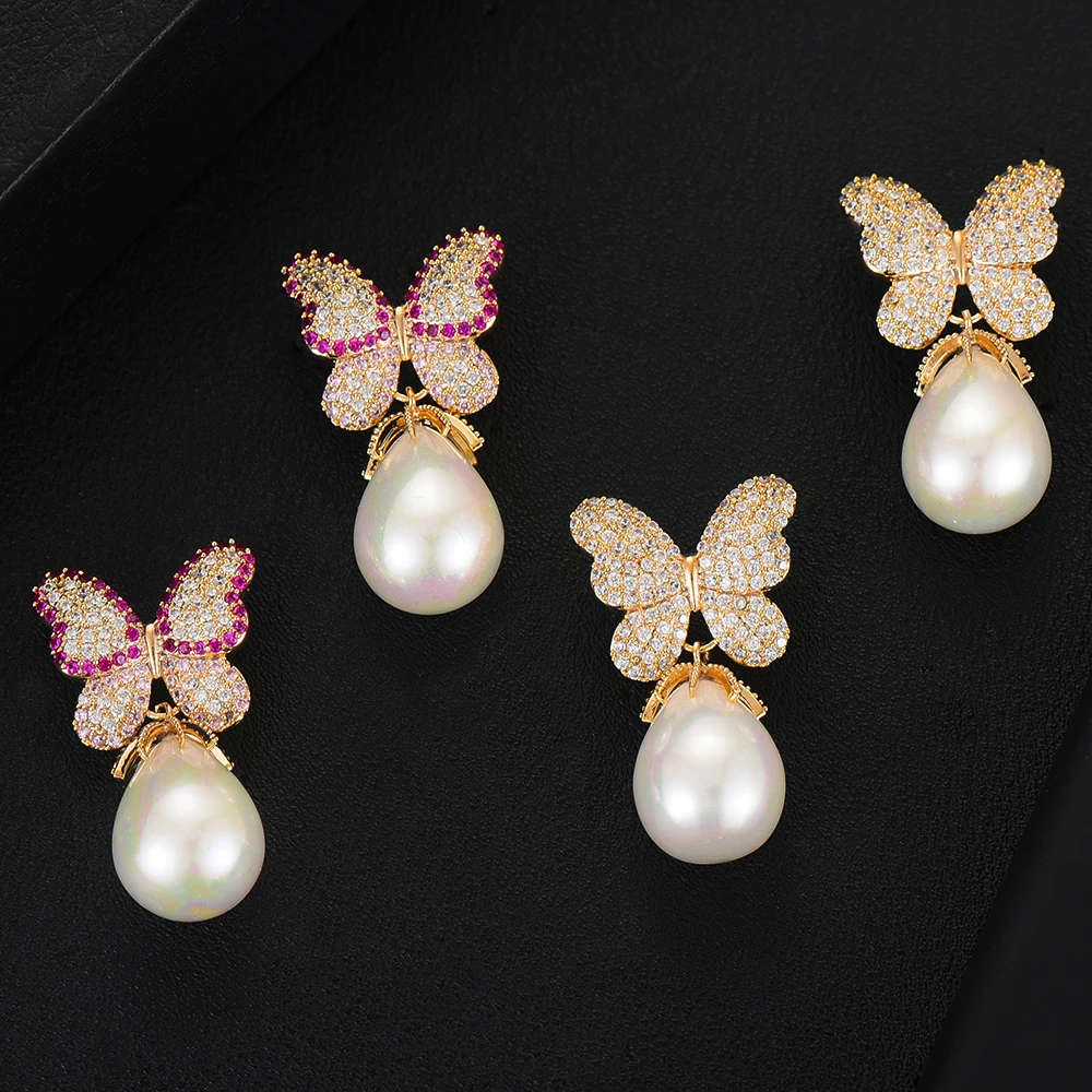 Роскошные романтические серьги-подвески с бабочкой и жемчугом кристаллами