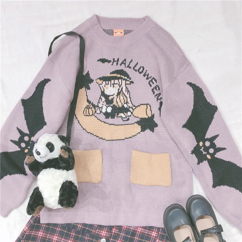 Корейский элегантный стиль аниме узор жаккард круглый воротник вязаный свитер