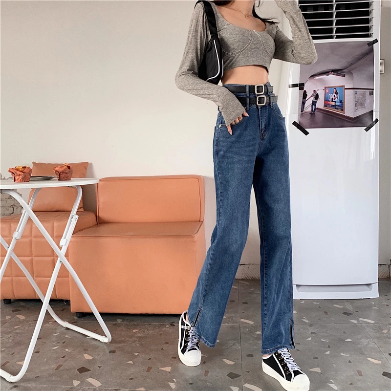

Pants Women's Korean-Style Chic Age-Reducing Double Fashion Straight Split Jeans High Waist Slimming Spring and Autumn