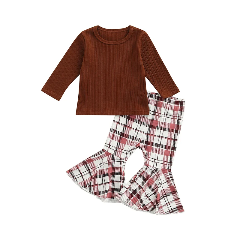 

Baby Girls Outfits, Long Sleeve Crew Neck Tops with Plaid Flare Pants for Toddler For Toddler Newborn Babies