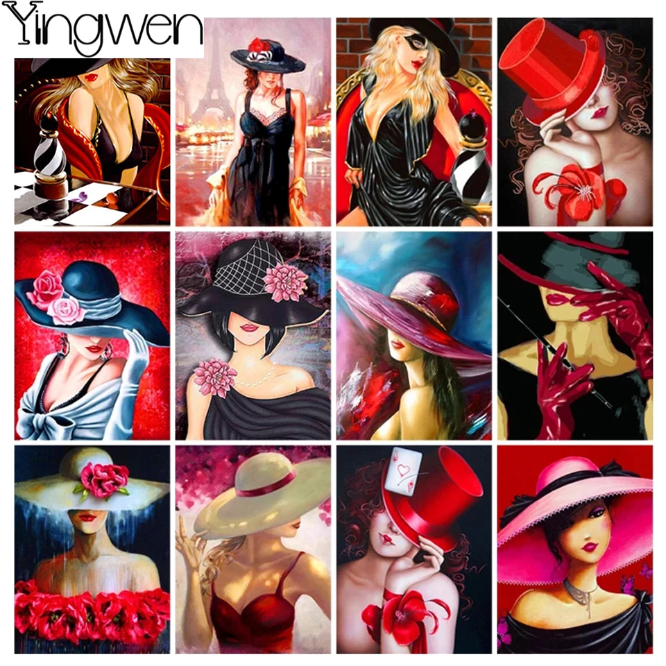 

DIY Diamond Painting Lady In Hat Full Diamond Mosaic Rhinestone Picture Sexy Woman Portrait Cross Stitch Embroidery Decor Home