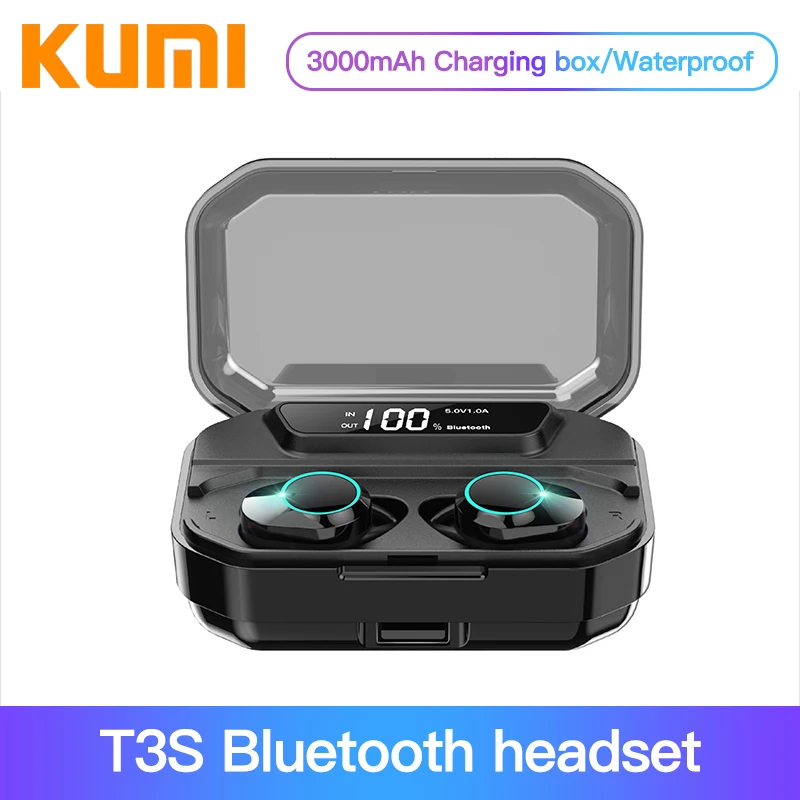 KUMI T3S Bluetooth 5,0 настоящие беспроводные наушники 6D стерео гарнитура IPX6 Водонепроницаемый шумоподавление 3300 мАч Зарядное устройство