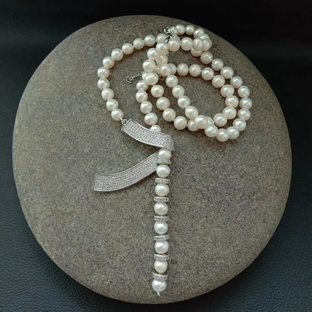 

Ожерелье женское круглое из жемчуга, колье с микрозакрепкой фианита, 24 дюйма, 8-9 мм, подходит для свитера