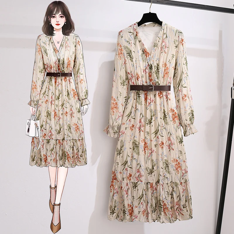 

Plus Size Floral Dress Women's 2021 Autumn Temperament Elegant V-Neck Long Sleeve Casual Boho Mid-Length Dresses
