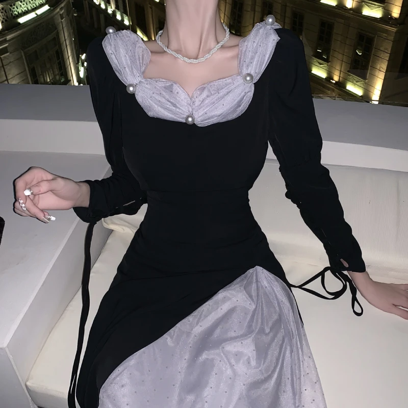 

New Chic Square Collar Beading Patchwork Dress Autumn Winter Women A Line Long Sleeves Office Midi Dresses Female Vestidos