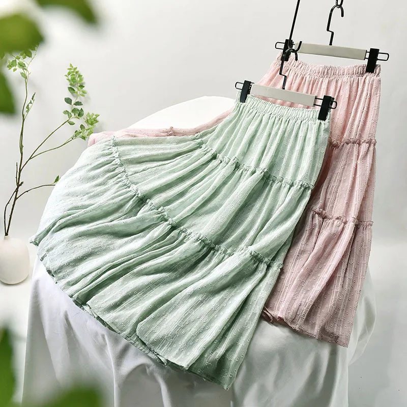 

2021 New Women Summer A-Line Skirt Stretch High Waist Women Boho White Long Skirt With Lining Jupe Femme