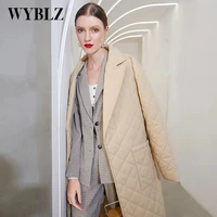 wyblz winter warm parkas women clothes long straight casual cotton coat fashion suit collar deep pockets plaid outerwear 2021