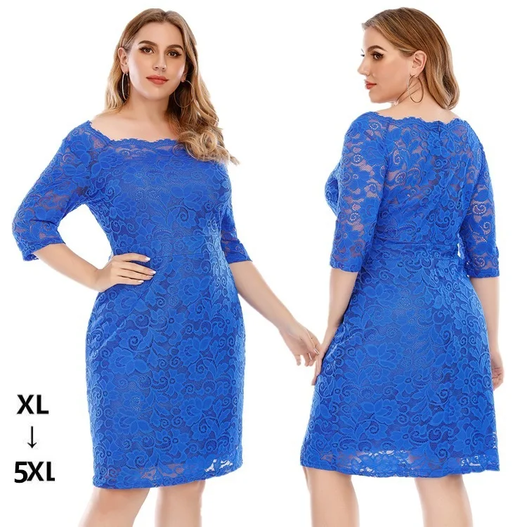

Plus Size Women Dress 2021 Summer Women O-neck Lace Blue Color Mini Dress Woman Dress XL-5XL