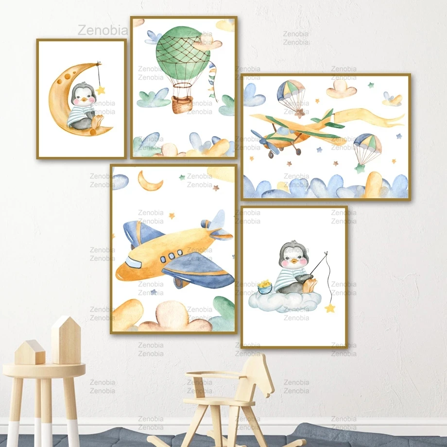 Настенная Картина на холсте детский Пингвин пилот Луна Звезда мультфильм