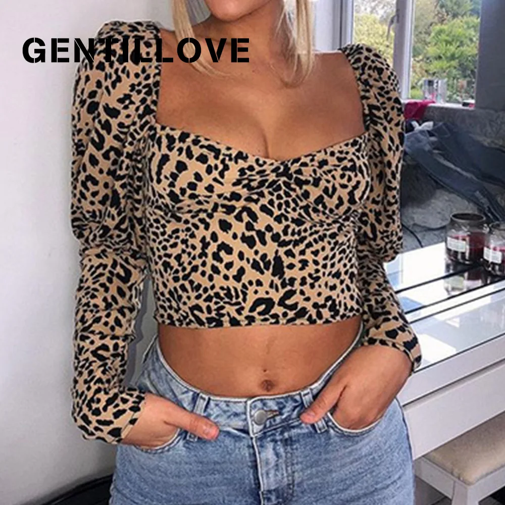 

Топ Gentillove женский с глубоким U-образным вырезом, укороченный Леопардовый топ с длинным рукавом, винтажная приталенная рубашка, уличная одеж...