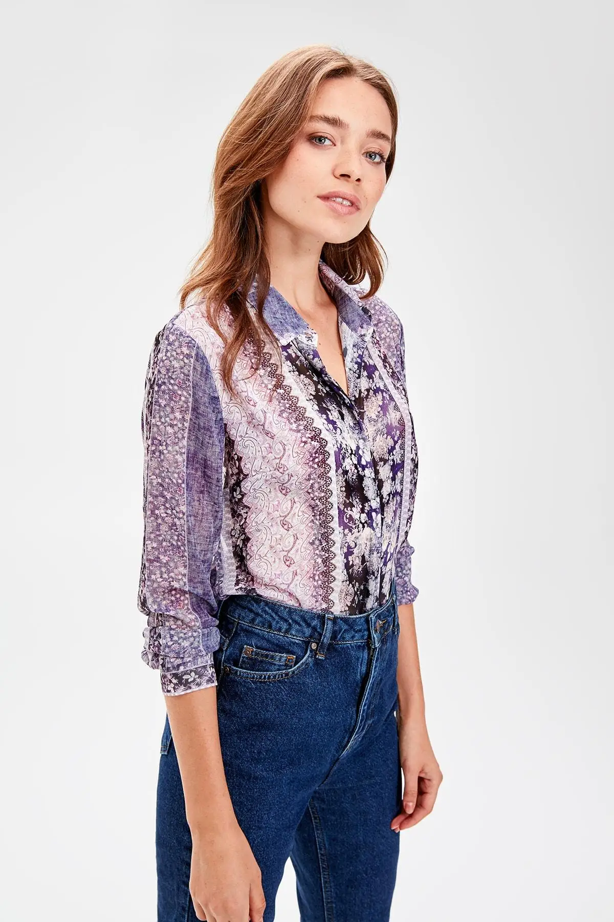 Trendyol фиолетовый Узорчатая рубашка TWOAW20GO0185