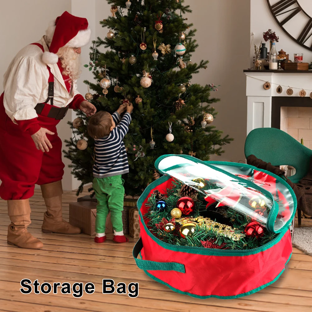 

Foldable Christmas Wreath Storage Bag with Handle Transparent Cover Tear Resistant Clean Up Holiday Carry Organizer