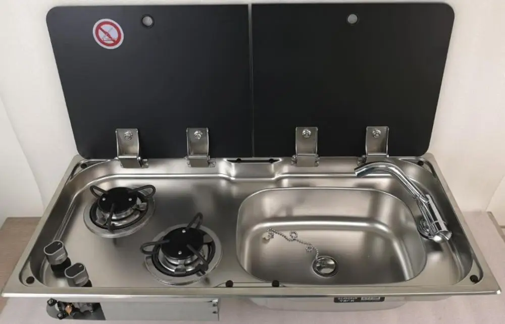 With Faucet Лодка Караван RV Кемпер 2 горелки LPG газовая плита конфорка и комбинированная раковина с 2 закаленное Стекло Топ 775*365*150/120 мм GR-904RD - Цвет: With Faucet