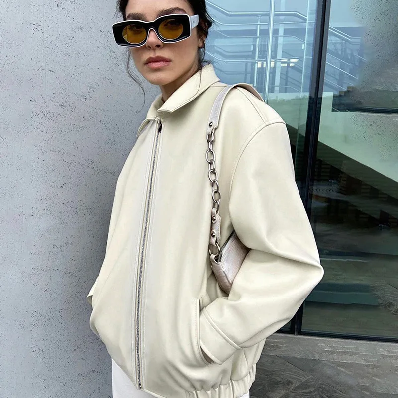 Autumn New Simple Cardigan PU Jacket Fashion High Street Casual Jacket Women