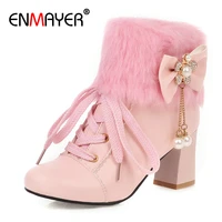 enmayer bow round toe square heel ankle boots for women pearl solid short plush string bead rhinestone pink boots women shoes