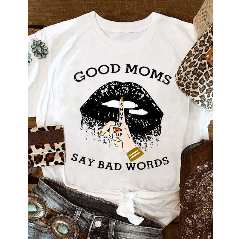 Футболка женская с принтом надписи плохие слова и губы|Футболки| |