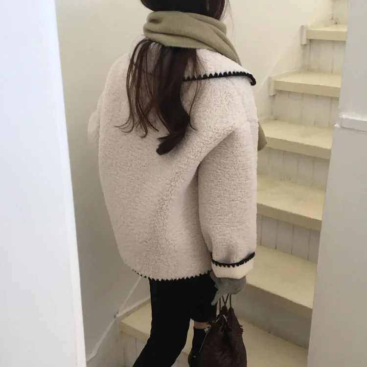 Fake fur Button turne neck short Jacket long-sleeve loose autumn Coat Korean chic winter top warm Jackets