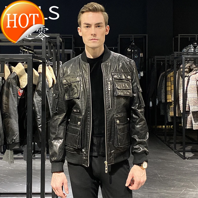 

2021men's new autumn and winter sheepskin coat leather vegetable tanning process casual personality round neck short