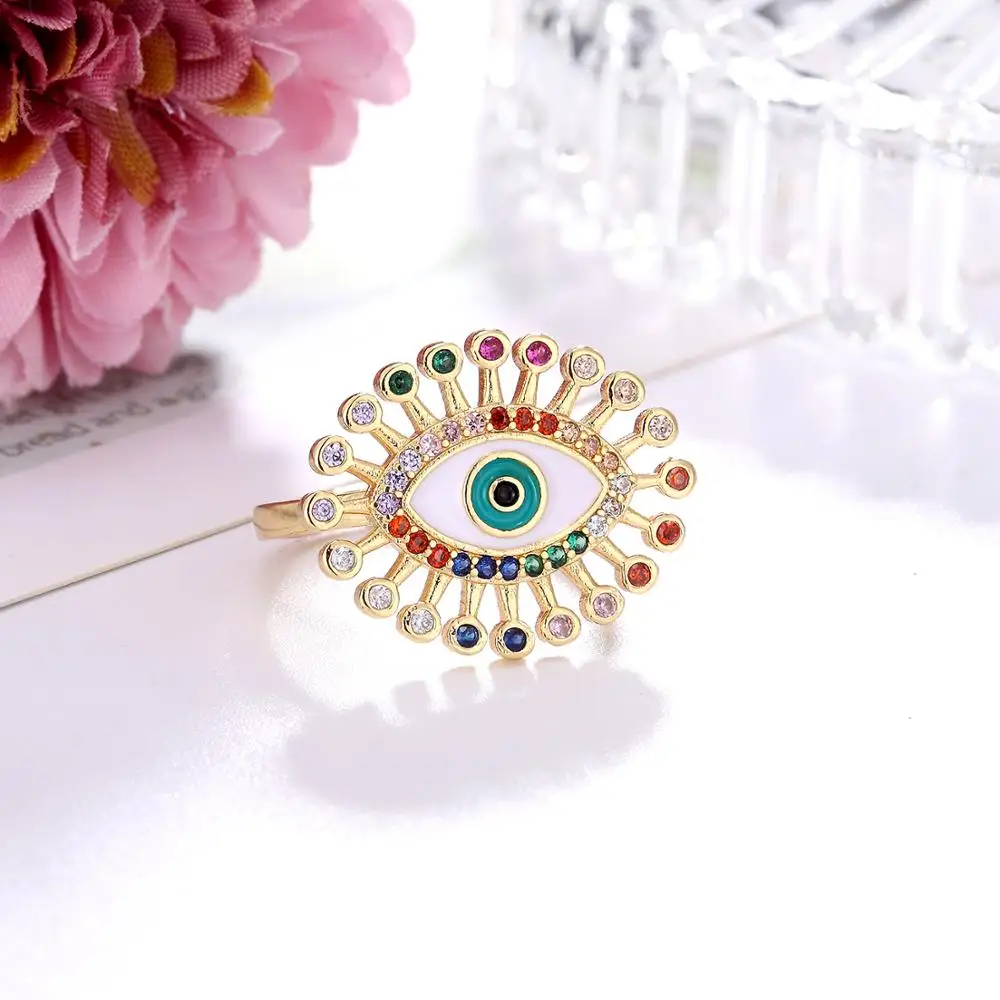 Модное открытое эмалированное Золотое кольцо с короной и паве сглаза на удачу