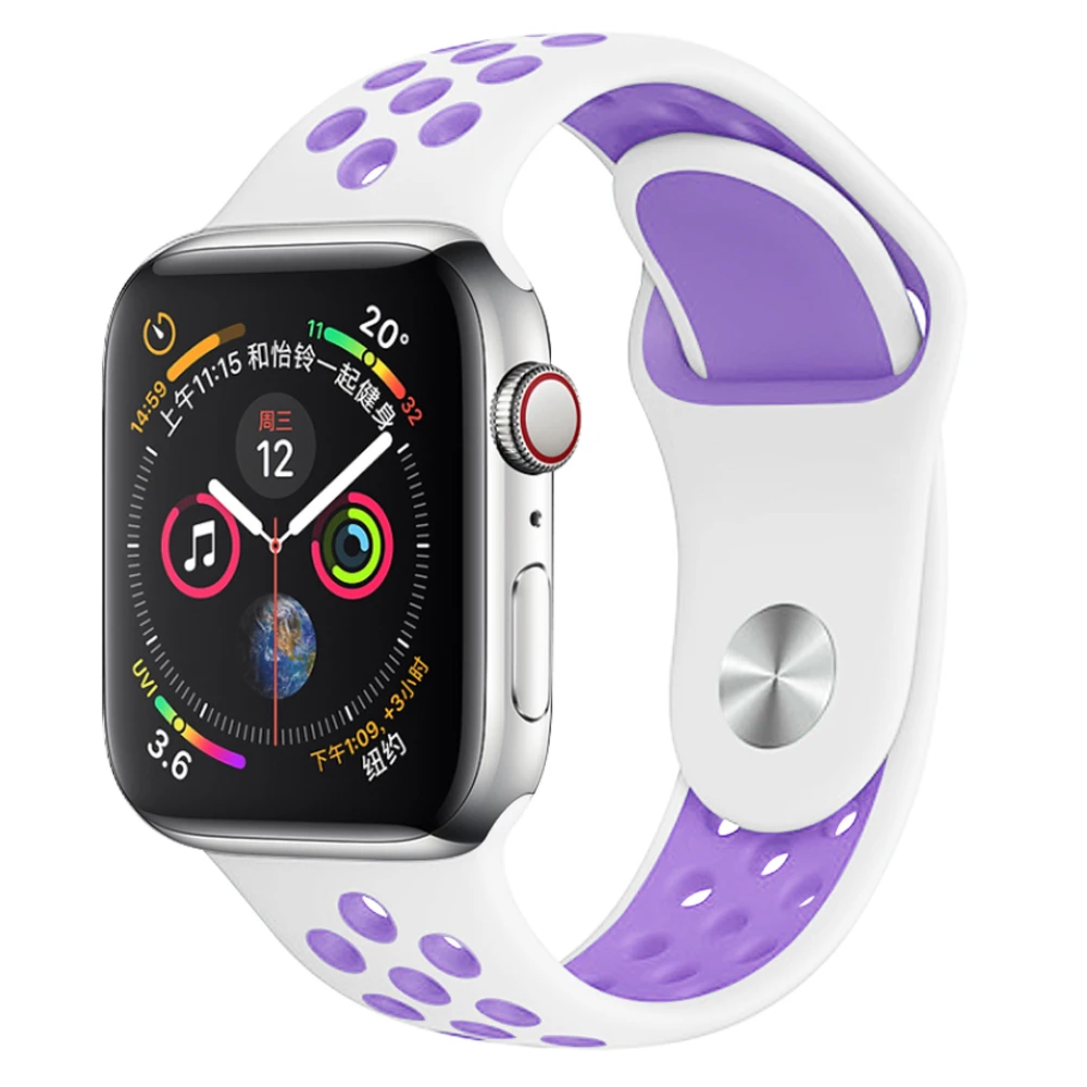 White Purple 05 Силиконовый спортивный ремешок для наручных часов Apple watch, ремешок 38 мм 40 мм 42 44 мм наручные браслет, ремешок для наручных часов iWatch серии 4/3/2/1 женские полос - Цвет ремешка: White Purple 05