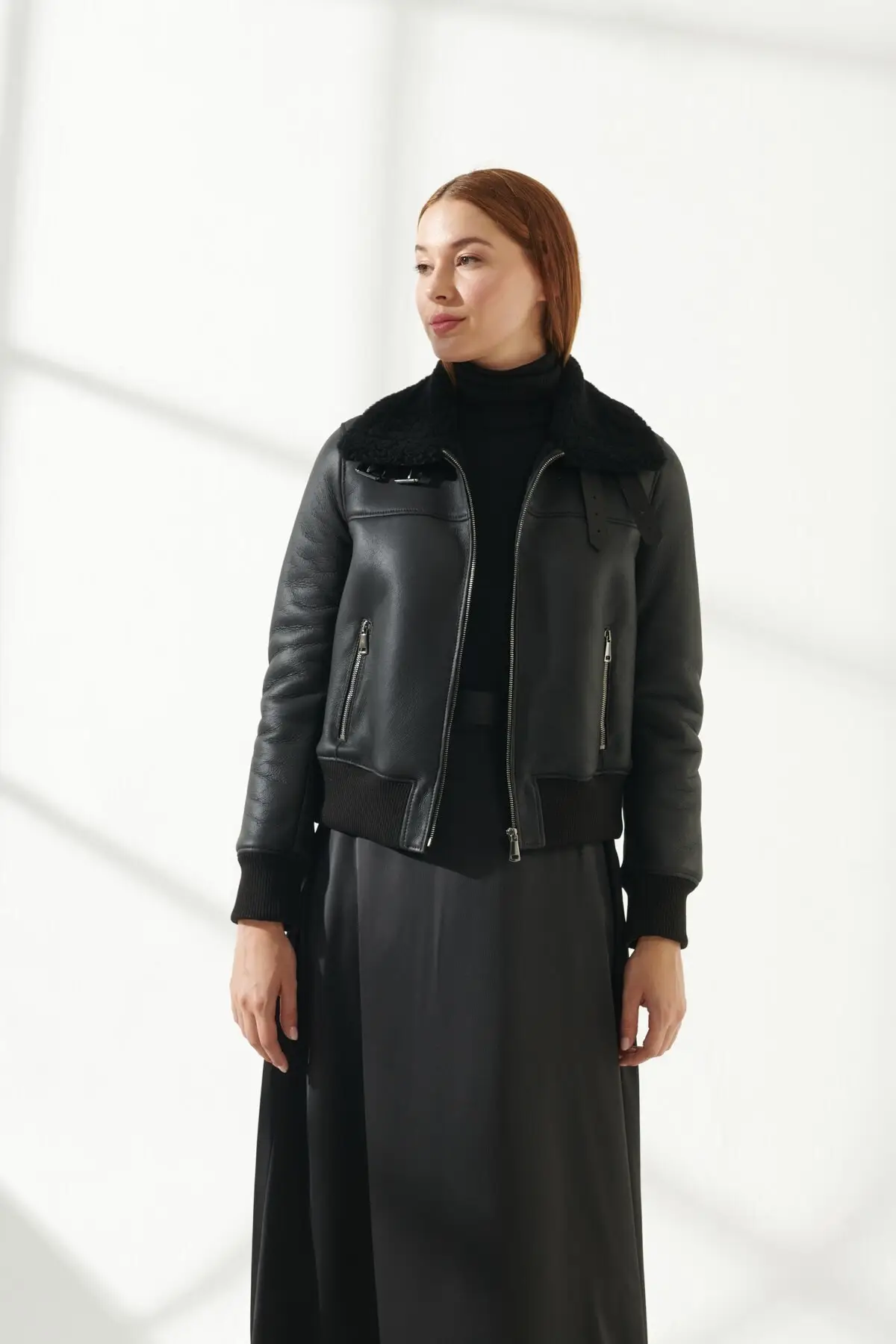 Women's Sports Black Leather Jacket with Fur black Winter Genuine Sheepskin Wool Coats Biker Jacket Models Slim Fit Parka