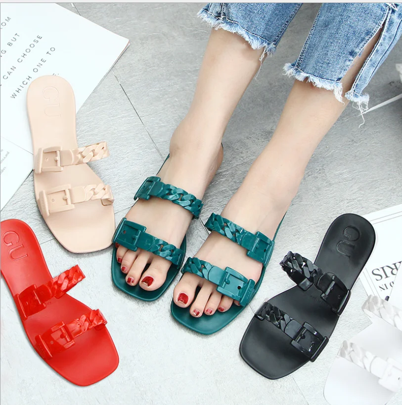 

2021 New Crystal beach summer slippers chain out square head fashion casual jelly PVC net red drag