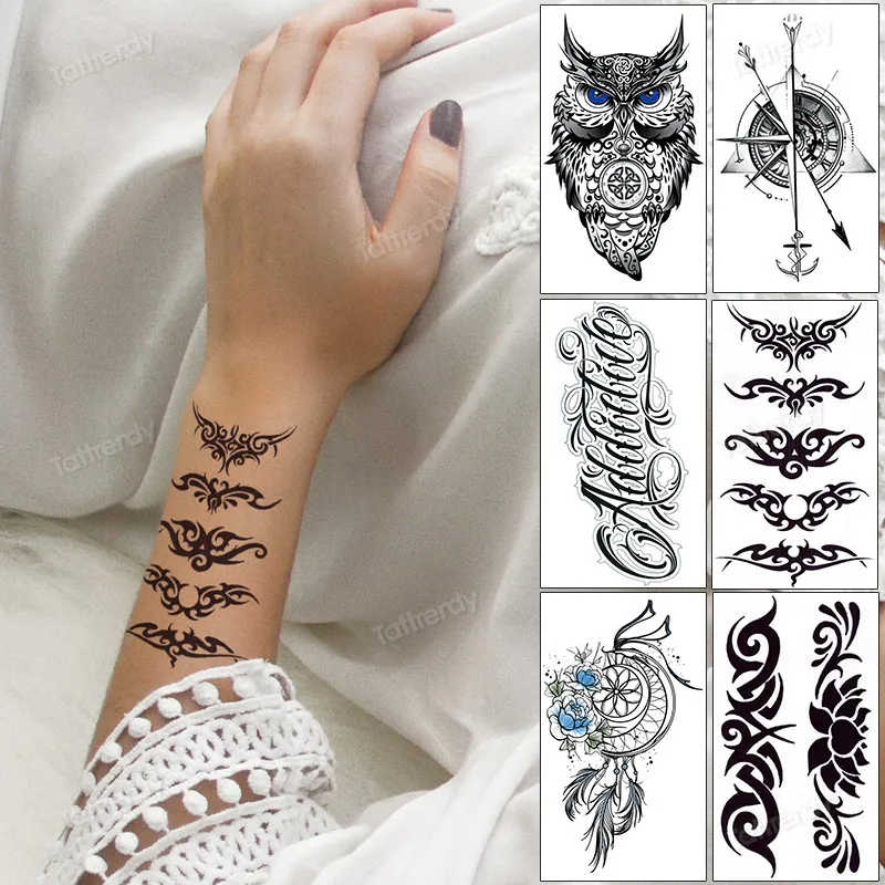 

Повязка на руку, наклейка для татуировки, маленький размер, черная хна, водостойкая временная татуировка, наклейка, тотем, компас, буквенный ...