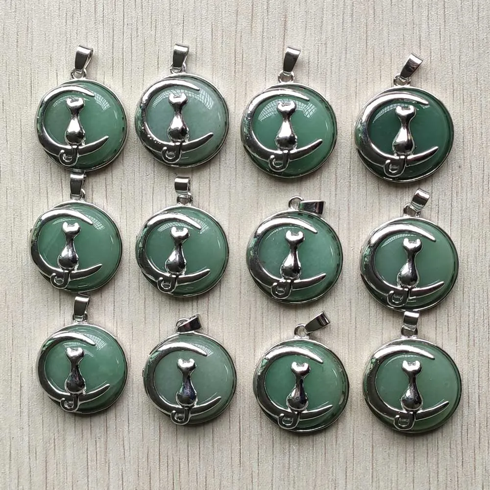 

New Fashion natural green aventurine moon cat metal alloy charms Pendant for jewelry accessories marking wholesale 12pcs/lot