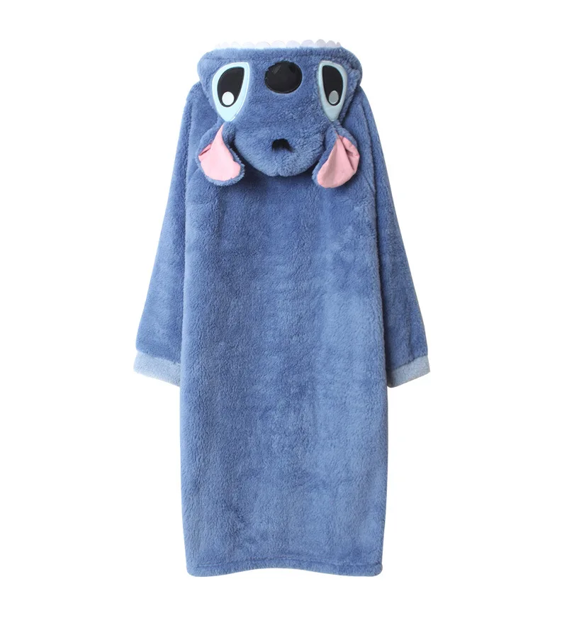 Animal Stitch Kigurumi Flannel Robes Long Sleeves Sleepwear Blue Cartoon Hooded Bathrobe Women Men Flannel Sleepwear Pajamas