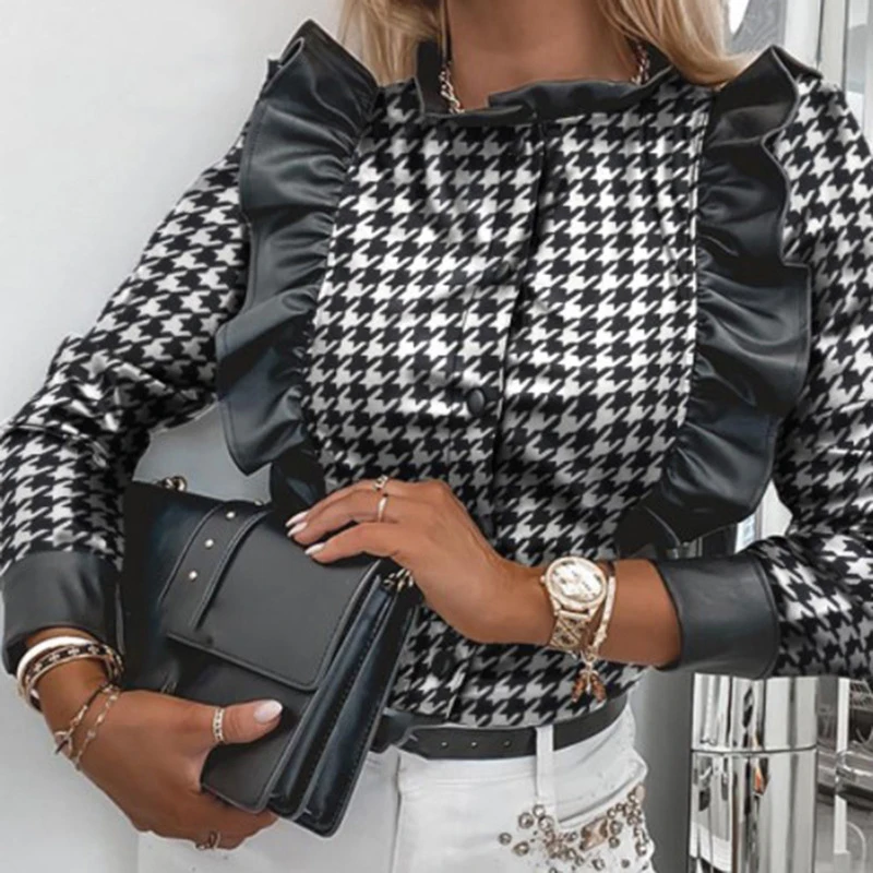 PU Leather Ruffle Blouse Shirt Women Long Sleeve Single Breasted Tops Clothing AM6015